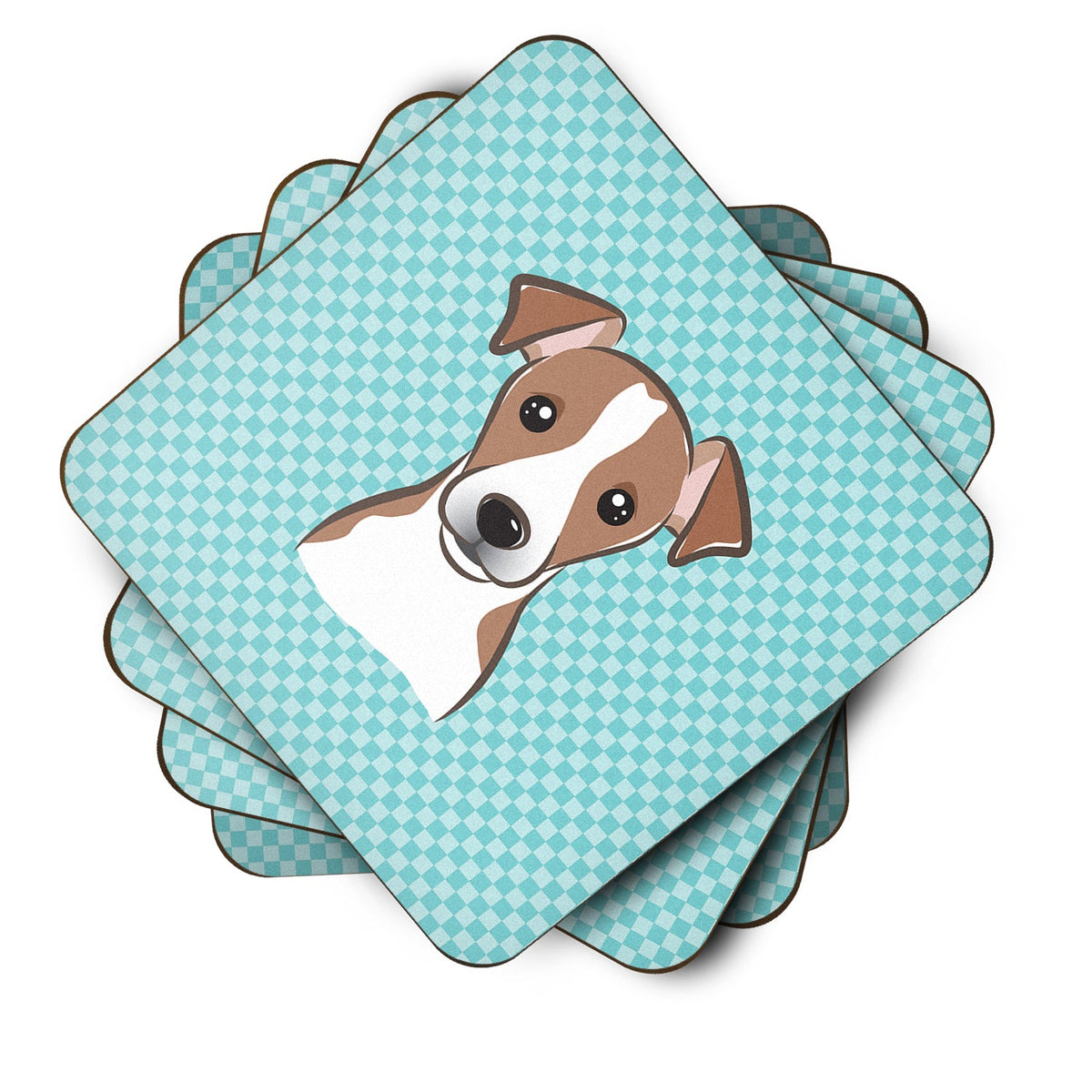 Checkerboard Blue Jack Russell Terrier Foam Coasters Set of 4 Cup Coasters for Indoor Outdoor, Tabletop Protection, Anti Slip, Mouse pad Material