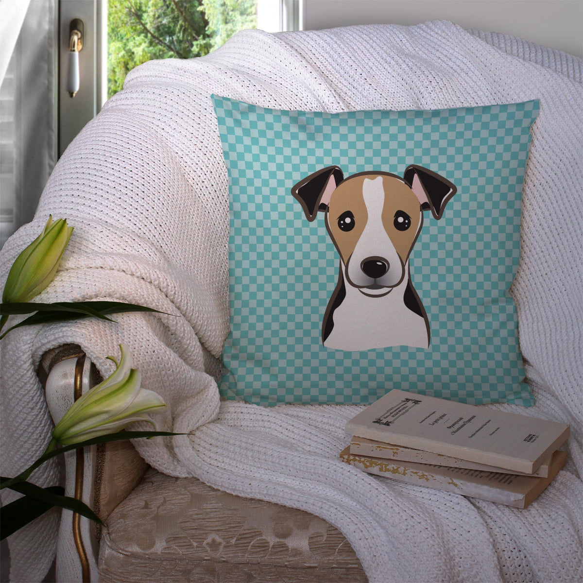 Checkerboard Blue Jack Russell Terrier Decorative Throw Pillow 14x14 Indoor Outdoor Accent Cushion, Fabric Cover with Insert for Sofa, Bed, Porch & Living Room