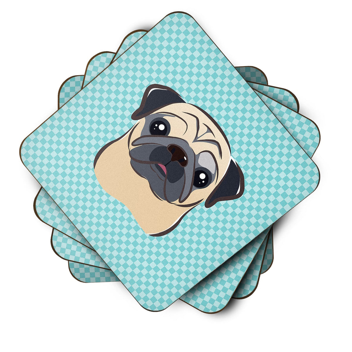 Checkerboard Blue Fawn Pug Foam Coasters Set of 4 Cup Coasters for Indoor Outdoor, Tabletop Protection, Anti Slip, Mouse pad Material