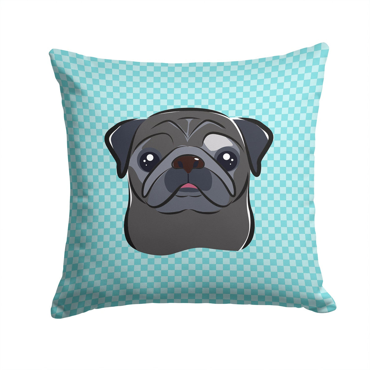Checkerboard Blue Black Pug Decorative Throw Pillow 14x14 Indoor Outdoor Accent Cushion, Fabric Cover with Insert for Sofa, Bed, Porch & Living Room