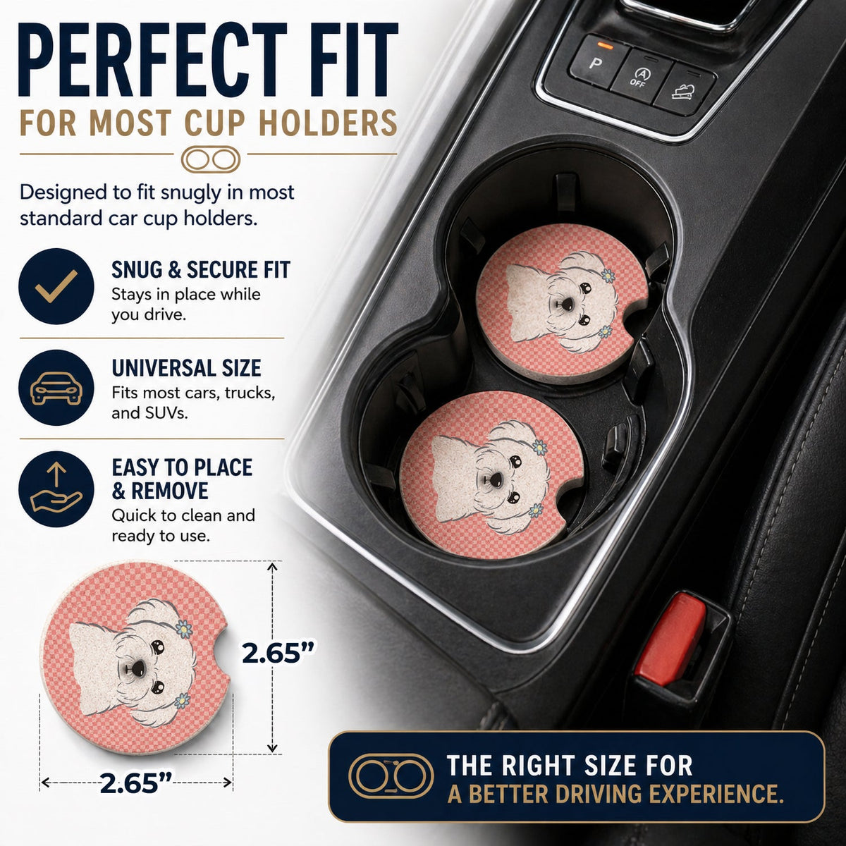 Checkerboard Pink Maltese Set of 2 Cup Holder Car Coasters Absorbent Round Sandstone Coasters Gifts for Men or Women, 2.5, Multicolor
