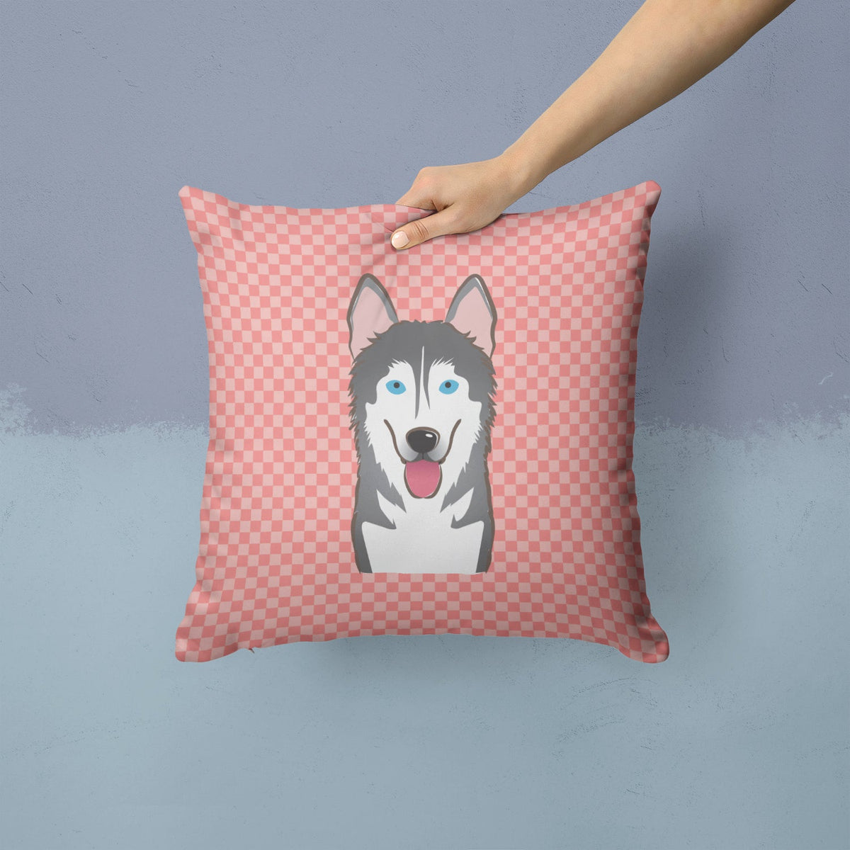 Checkerboard Pink Alaskan Malamute Decorative Throw Pillow 14x14 Indoor Outdoor Accent Cushion, Fabric Cover with Insert for Sofa, Bed, Porch & Living Room