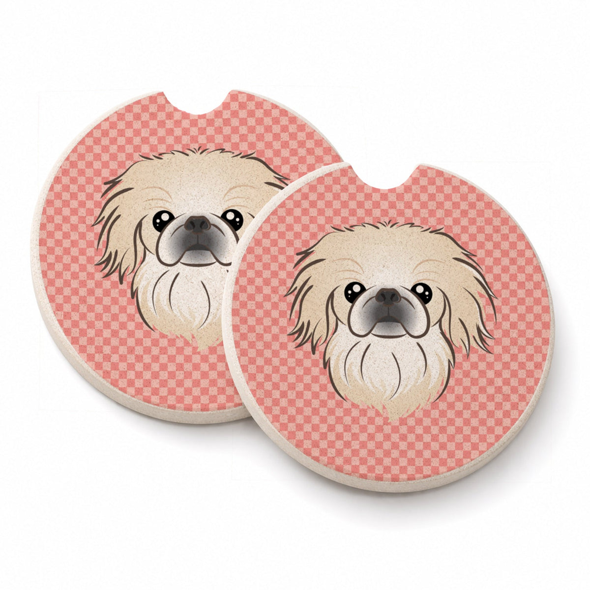 Checkerboard Pink Pekingese Set of 2 Cup Holder Car Coasters Absorbent Round Sandstone Coasters Gifts for Men or Women, 2.5, Multicolor
