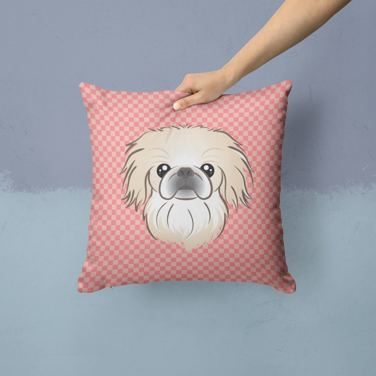 Checkerboard Pink Pekingese Decorative Throw Pillow 14x14 Indoor Outdoor Accent Cushion, Fabric Cover with Insert for Sofa, Bed, Porch & Living Room