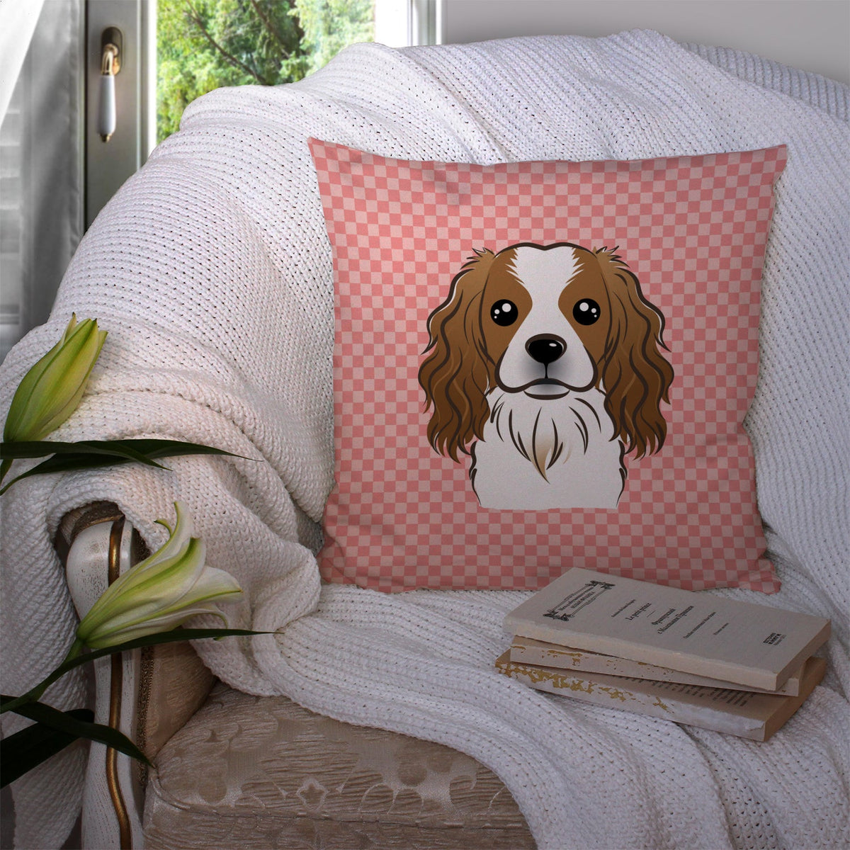 Checkerboard Pink Cavalier Spaniel Decorative Throw Pillow 14x14 Indoor Outdoor Accent Cushion, Fabric Cover with Insert for Sofa, Bed, Porch & Living Room