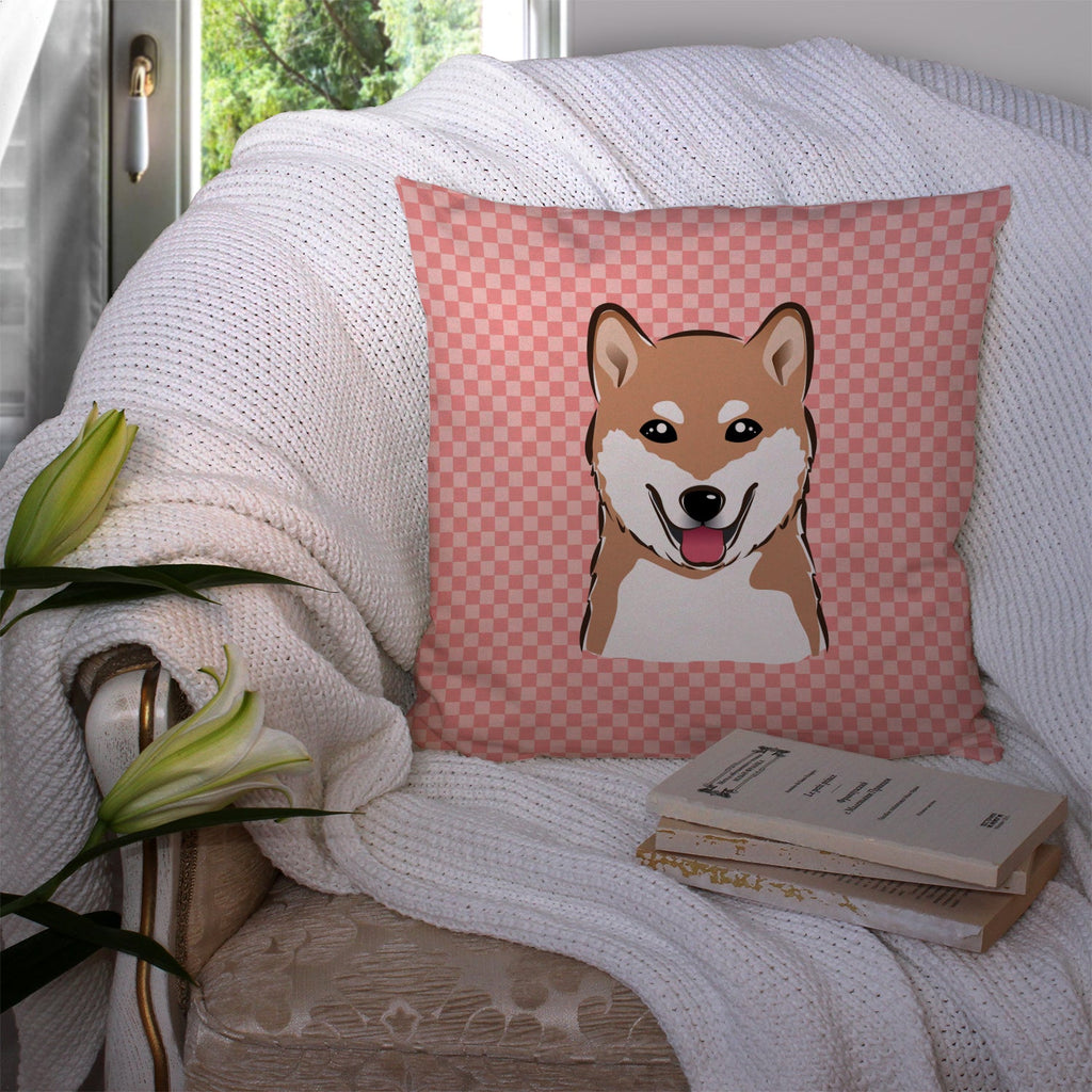 Checkerboard Pink Shiba Inu Decorative Throw Pillow 14x14 Indoor Outdoor Accent Cushion, Fabric Cover with Insert for Sofa, Bed, Porch & Living Room