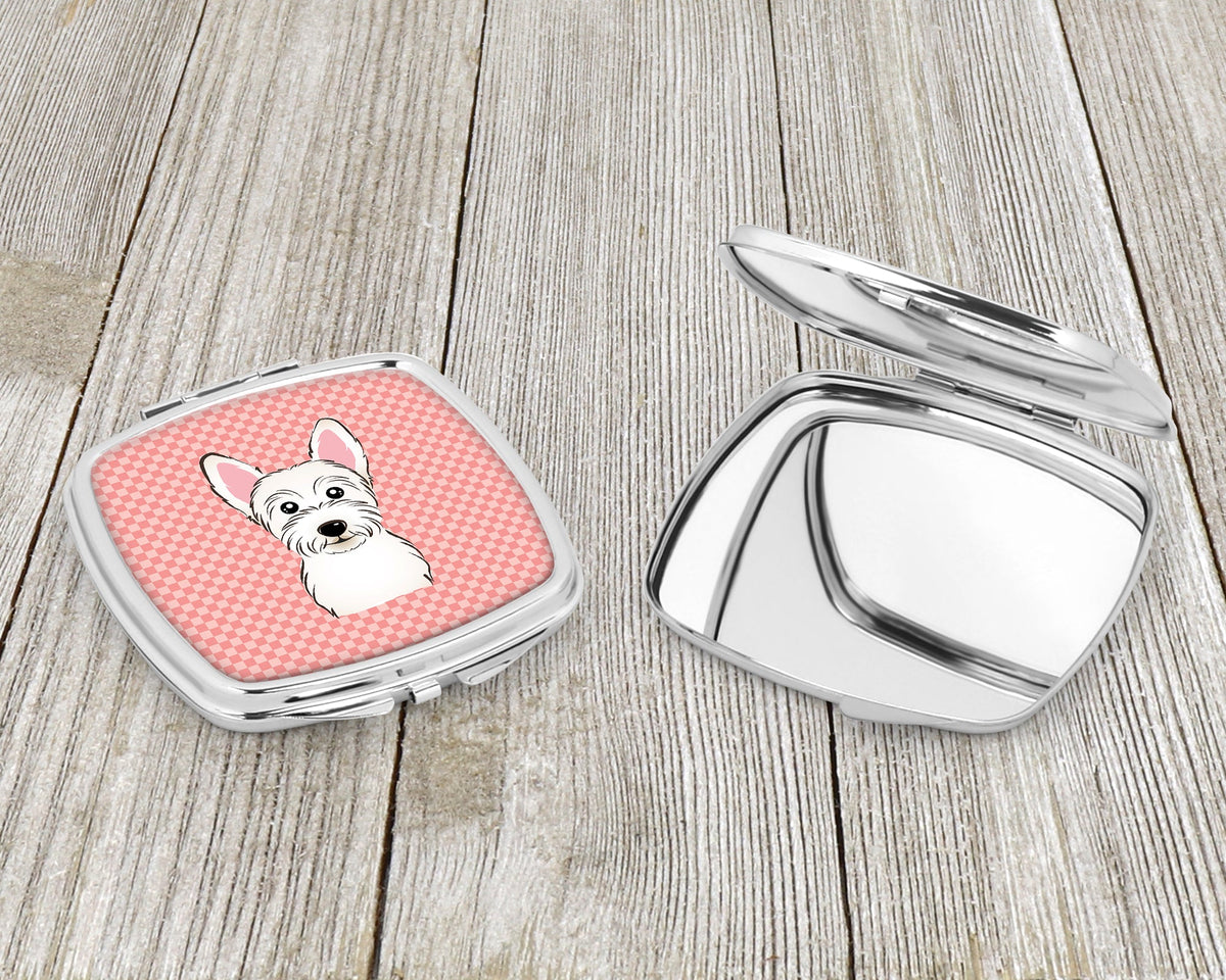Checkerboard Pink Westie Compact Mirror Decorative Travel Makeup Mirror for Women Girls Gifts Pocket Makeup Mirror Folding Handheld