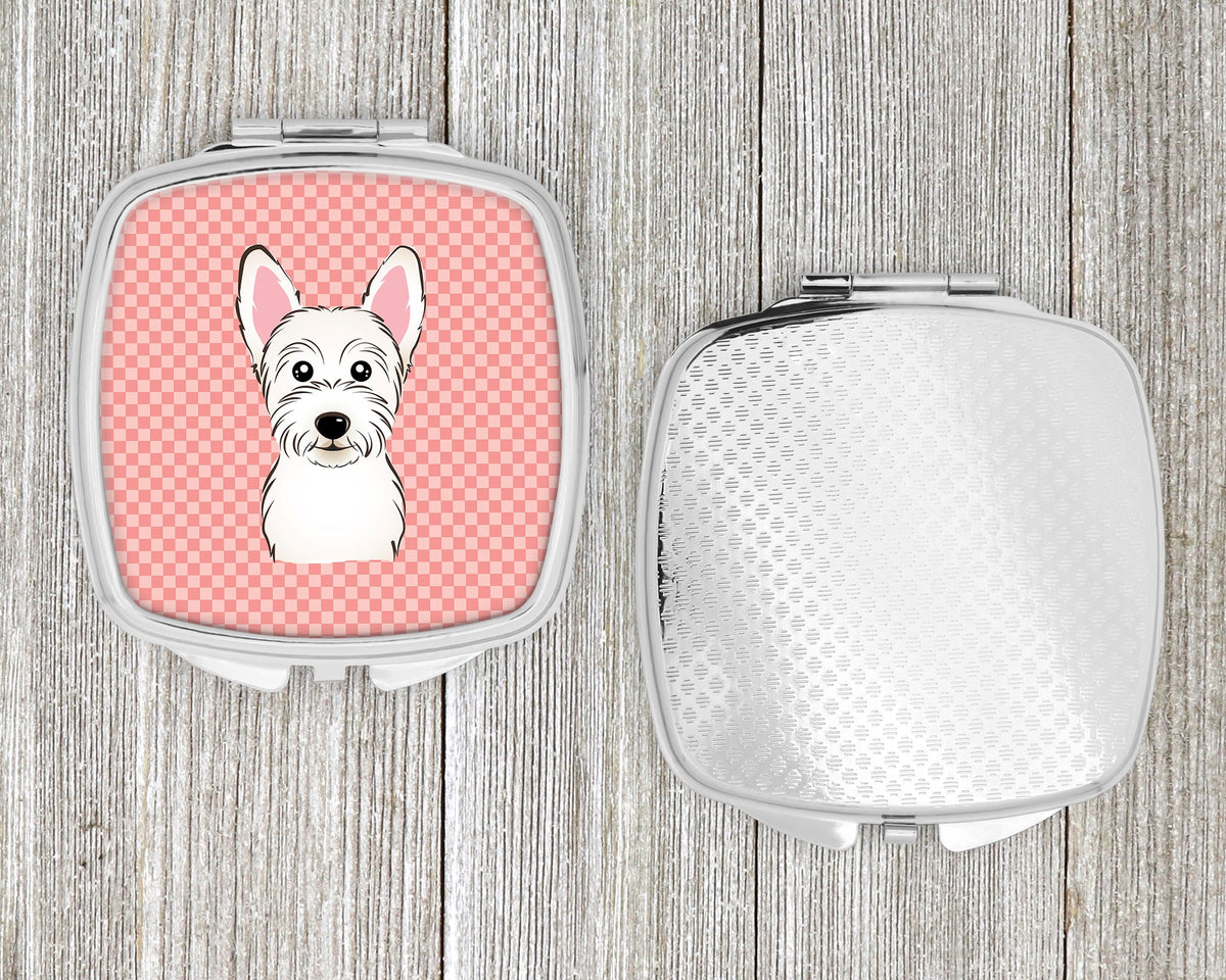 Checkerboard Pink Westie Compact Mirror Decorative Travel Makeup Mirror for Women Girls Gifts Pocket Makeup Mirror Folding Handheld