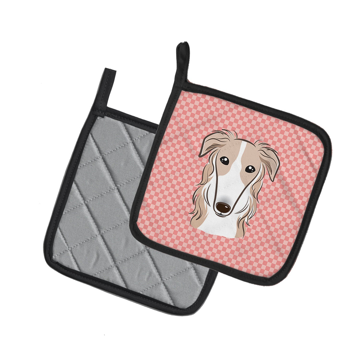 Checkerboard Pink Borzoi Pot Holder Set of 2 Heat Resistant Quilted Hot Pads 7.5 x 7.5 Inch, Insulated Kitchen Trivets for Cooking & Baking