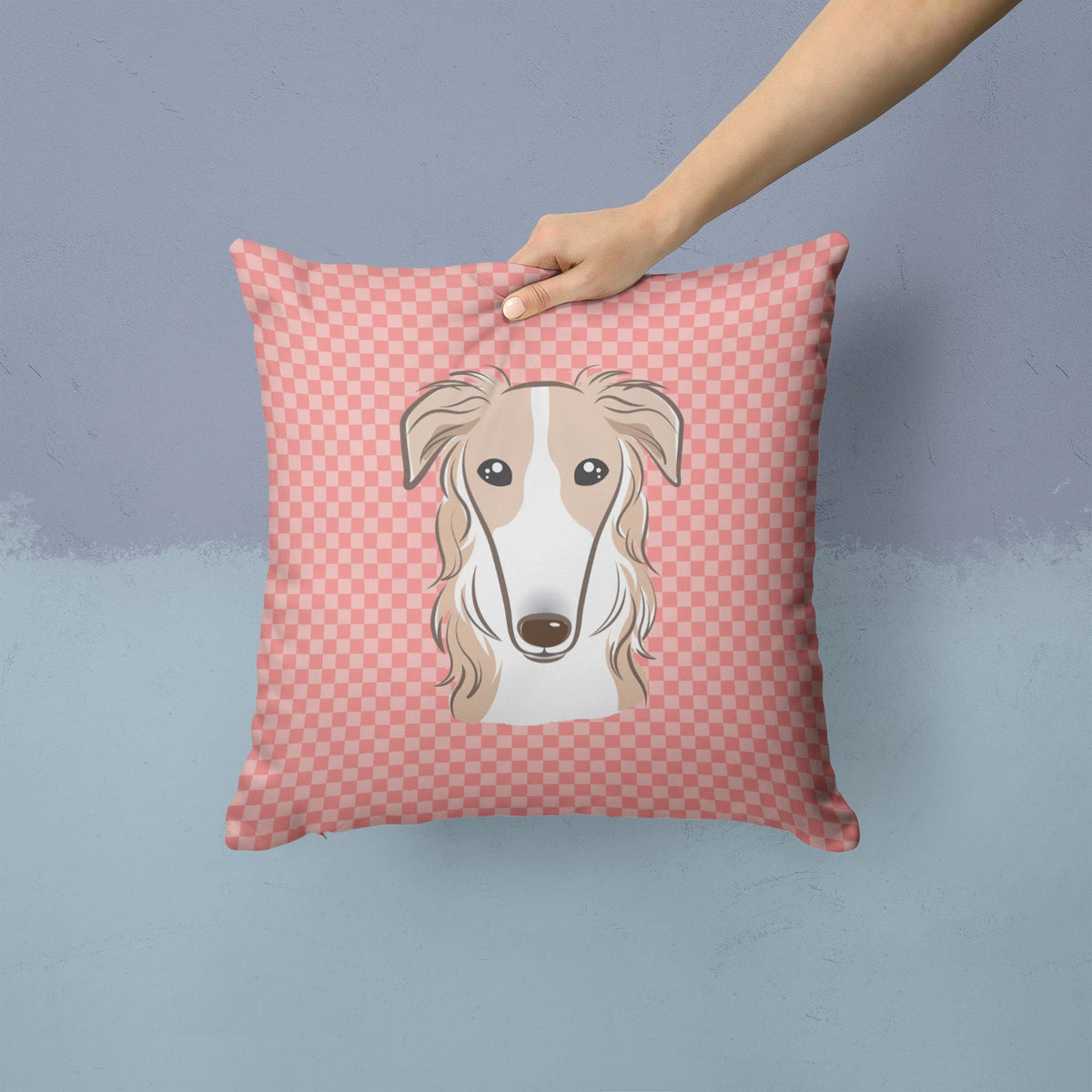 Checkerboard Pink Borzoi Decorative Throw Pillow 14x14 Indoor Outdoor Accent Cushion, Fabric Cover with Insert for Sofa, Bed, Porch & Living Room