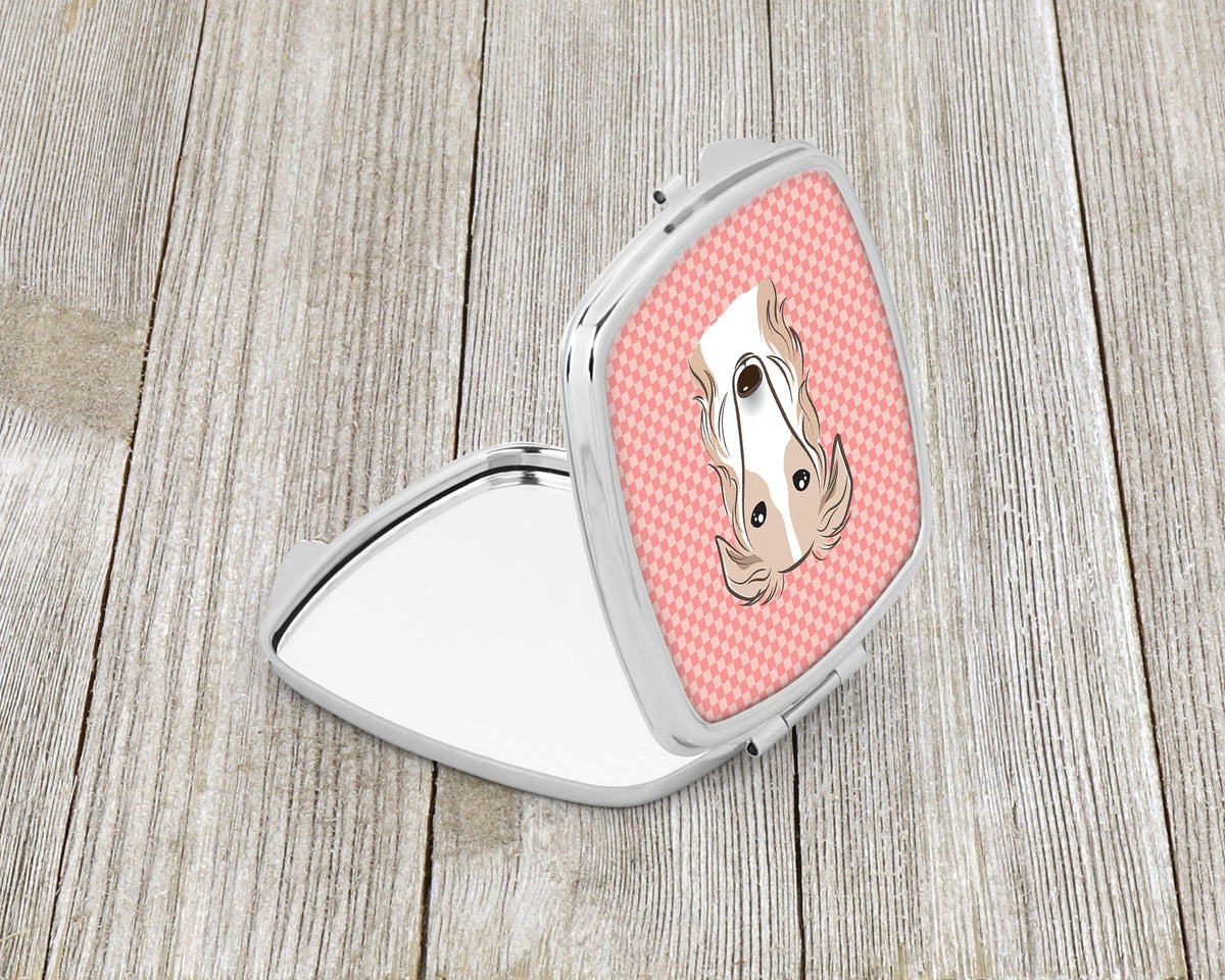 Checkerboard Pink Borzoi Compact Mirror Decorative Travel Makeup Mirror for Women Girls Gifts Pocket Makeup Mirror Folding Handheld