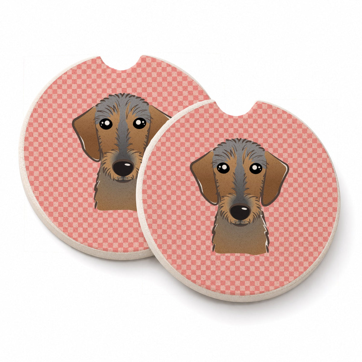Checkerboard Pink Wirehaired Dachshund Set of 2 Cup Holder Car Coasters Absorbent Round Sandstone Coasters Gifts for Men or Women, 2.5, Multicolor