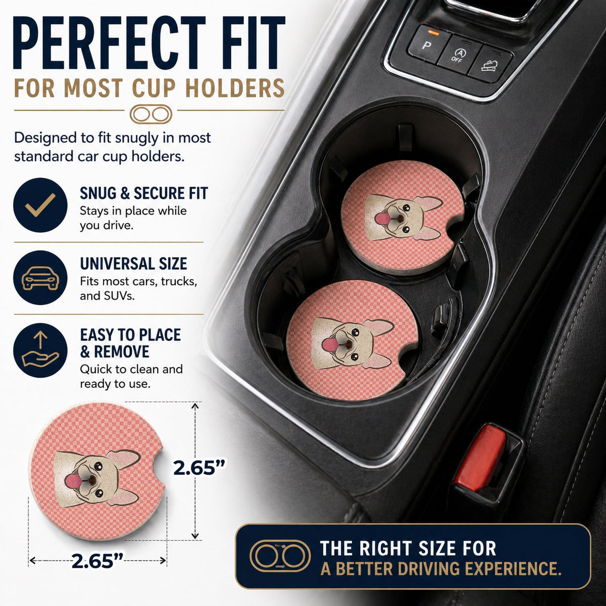 Checkerboard Pink French Bulldog Set of 2 Cup Holder Car Coasters Absorbent Round Sandstone Coasters Gifts for Men or Women, 2.5, Multicolor