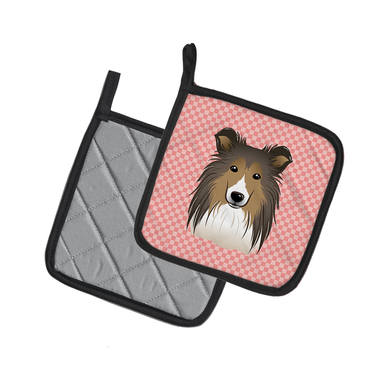 Checkerboard Pink Sheltie Pot Holder Set of 2 Heat Resistant Quilted Hot Pads 7.5 x 7.5 Inch, Insulated Kitchen Trivets for Cooking & Baking