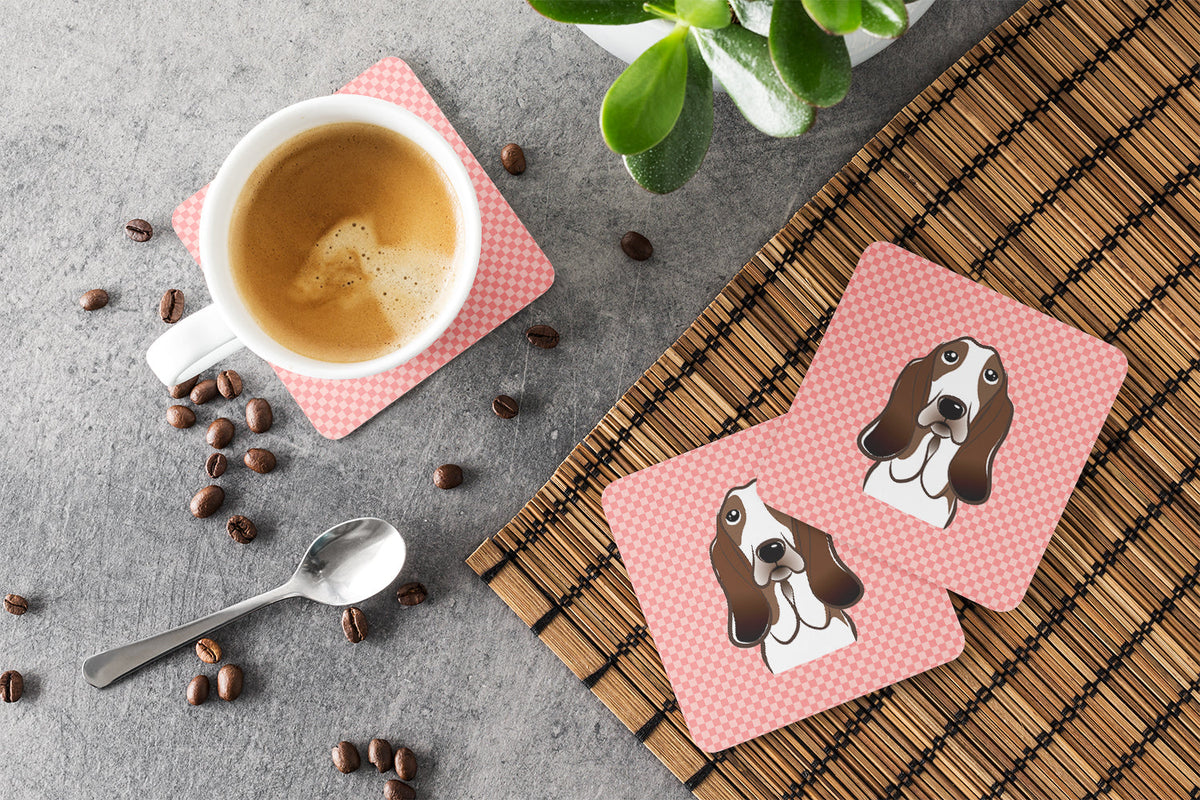 Checkerboard Pink Basset Hound Foam Coasters Set of 4 Cup Coasters for Indoor Outdoor, Tabletop Protection, Anti Slip, Mouse pad Material