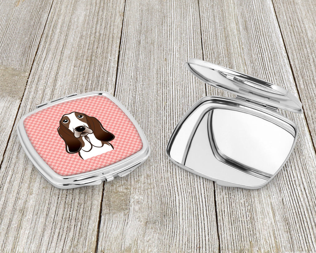 Checkerboard Pink Basset Hound Compact Mirror Decorative Travel Makeup Mirror for Women Girls Gifts Pocket Makeup Mirror Folding Handheld