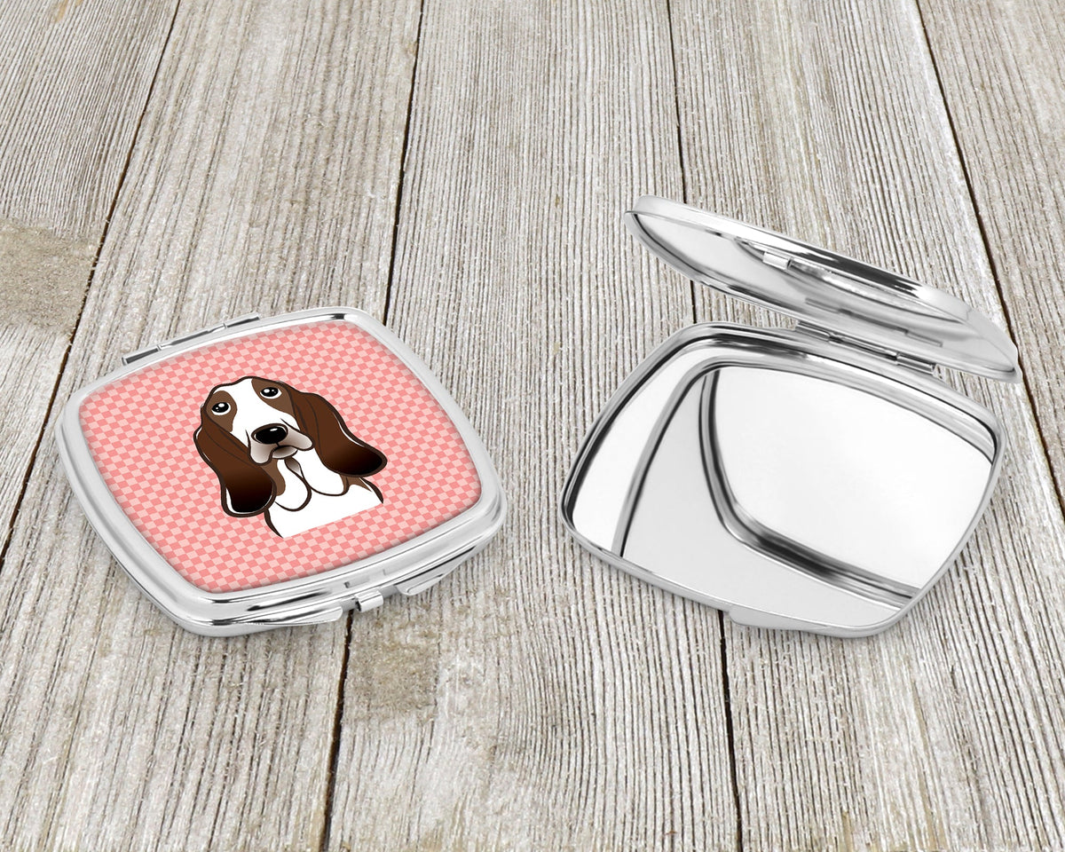 Checkerboard Pink Basset Hound Compact Mirror Decorative Travel Makeup Mirror for Women Girls Gifts Pocket Makeup Mirror Folding Handheld