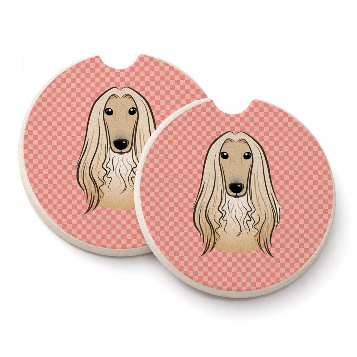 Checkerboard Pink Afghan Hound Set of 2 Cup Holder Car Coasters Absorbent Round Sandstone Coasters Gifts for Men or Women, 2.5, Multicolor