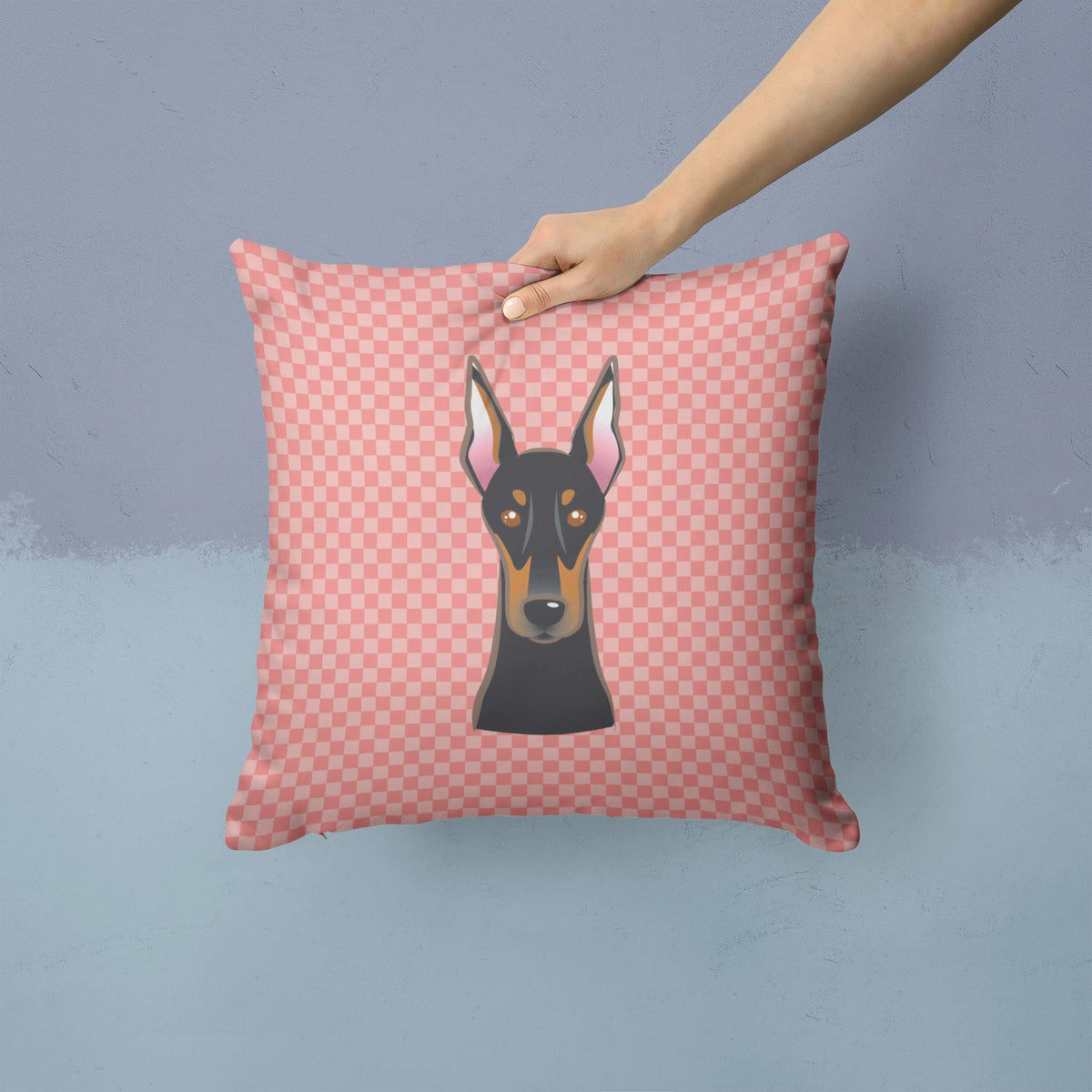 Checkerboard Pink Doberman Decorative Throw Pillow 14x14 Indoor Outdoor Accent Cushion, Fabric Cover with Insert for Sofa, Bed, Porch & Living Room
