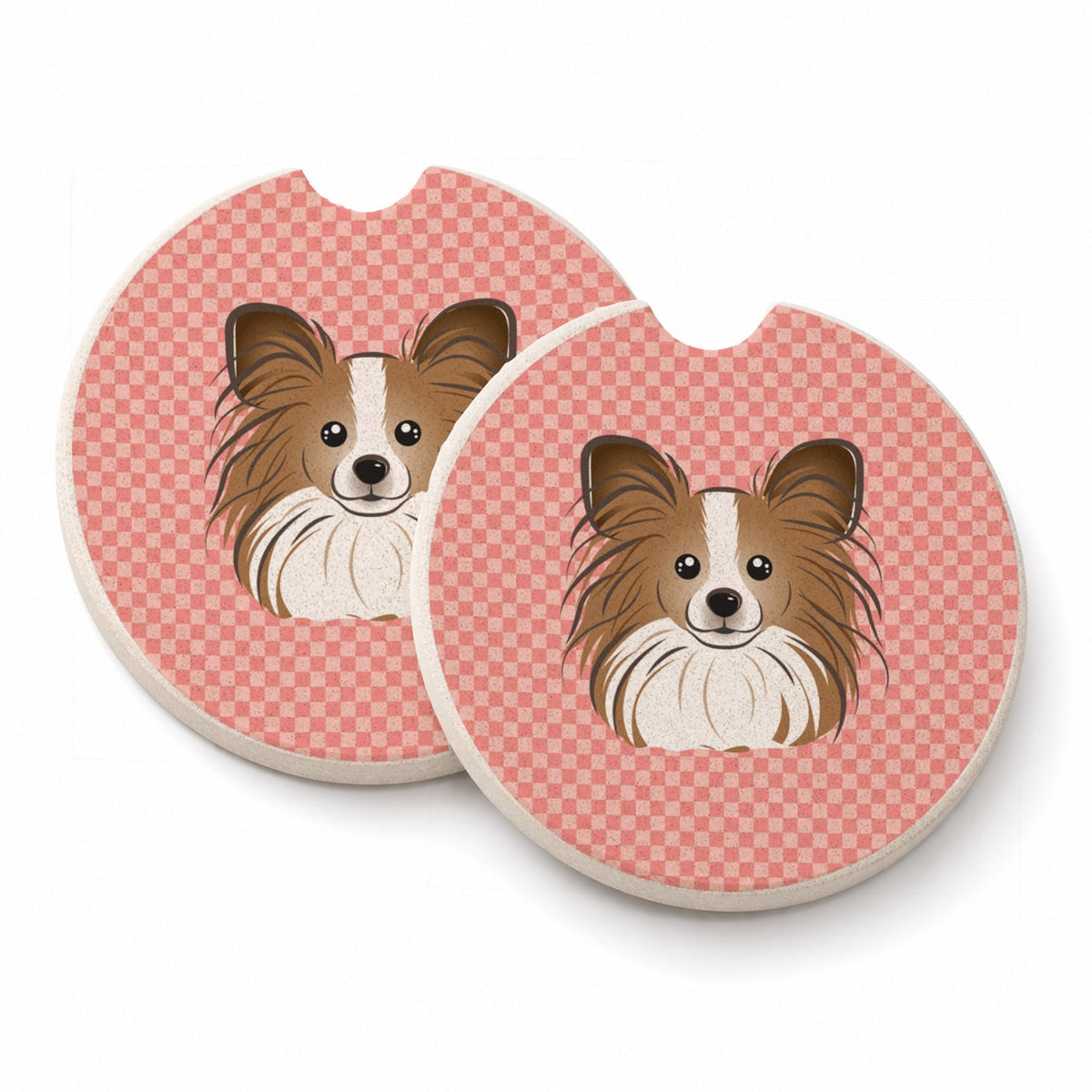 Checkerboard Pink Papillon Set of 2 Cup Holder Car Coasters Absorbent Round Sandstone Coasters Gifts for Men or Women, 2.5, Multicolor