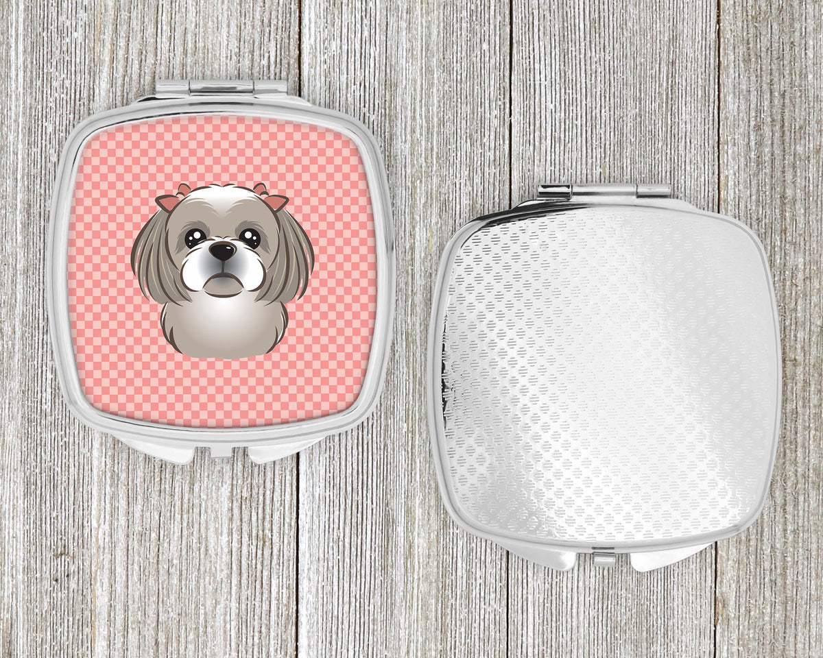 Checkerboard Pink Gray Silver Shih Tzu Compact Mirror Decorative Travel Makeup Mirror for Women Girls Gifts Pocket Makeup Mirror Folding Handheld