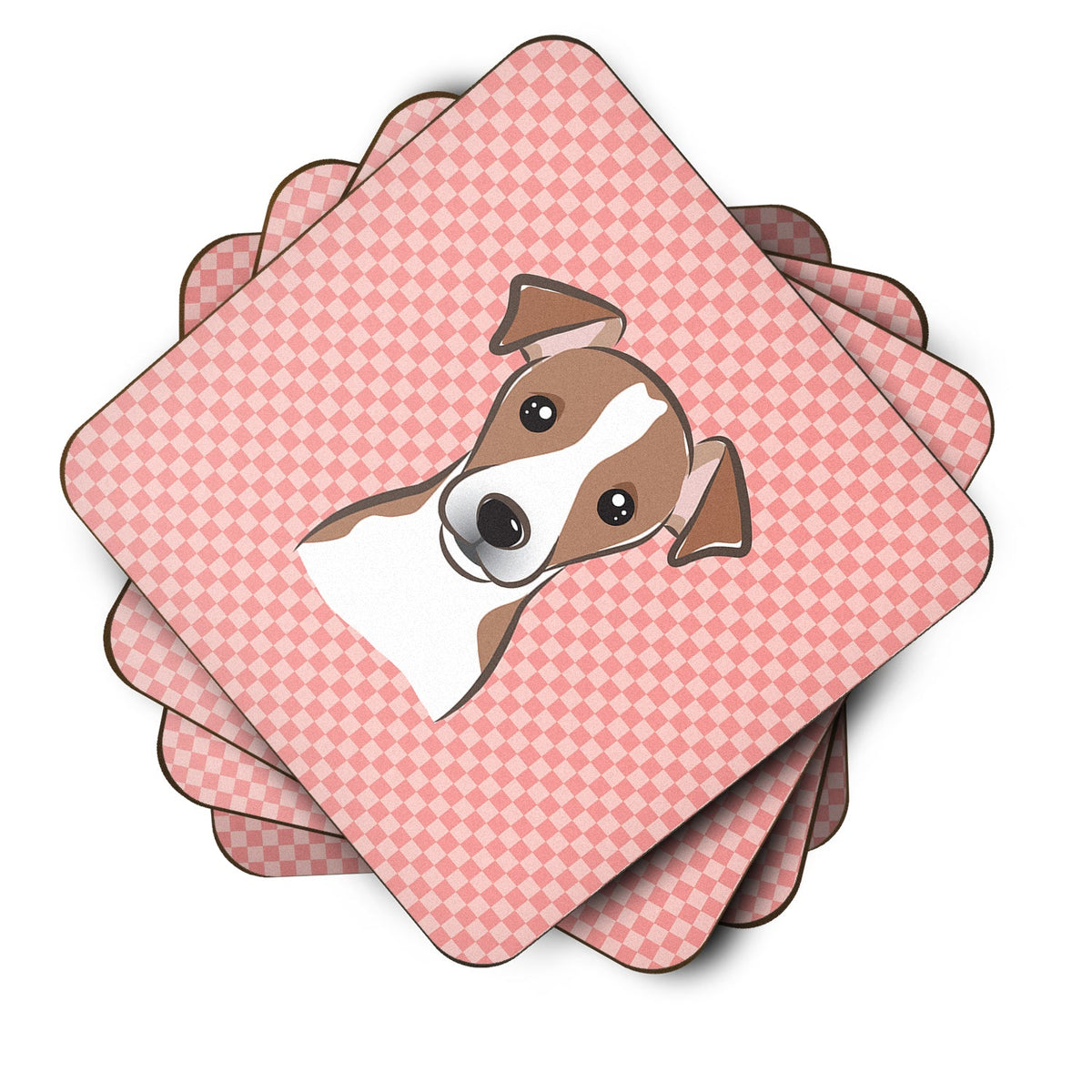Checkerboard Pink Jack Russell Terrier Foam Coasters Set of 4 Cup Coasters for Indoor Outdoor, Tabletop Protection, Anti Slip, Mouse pad Material