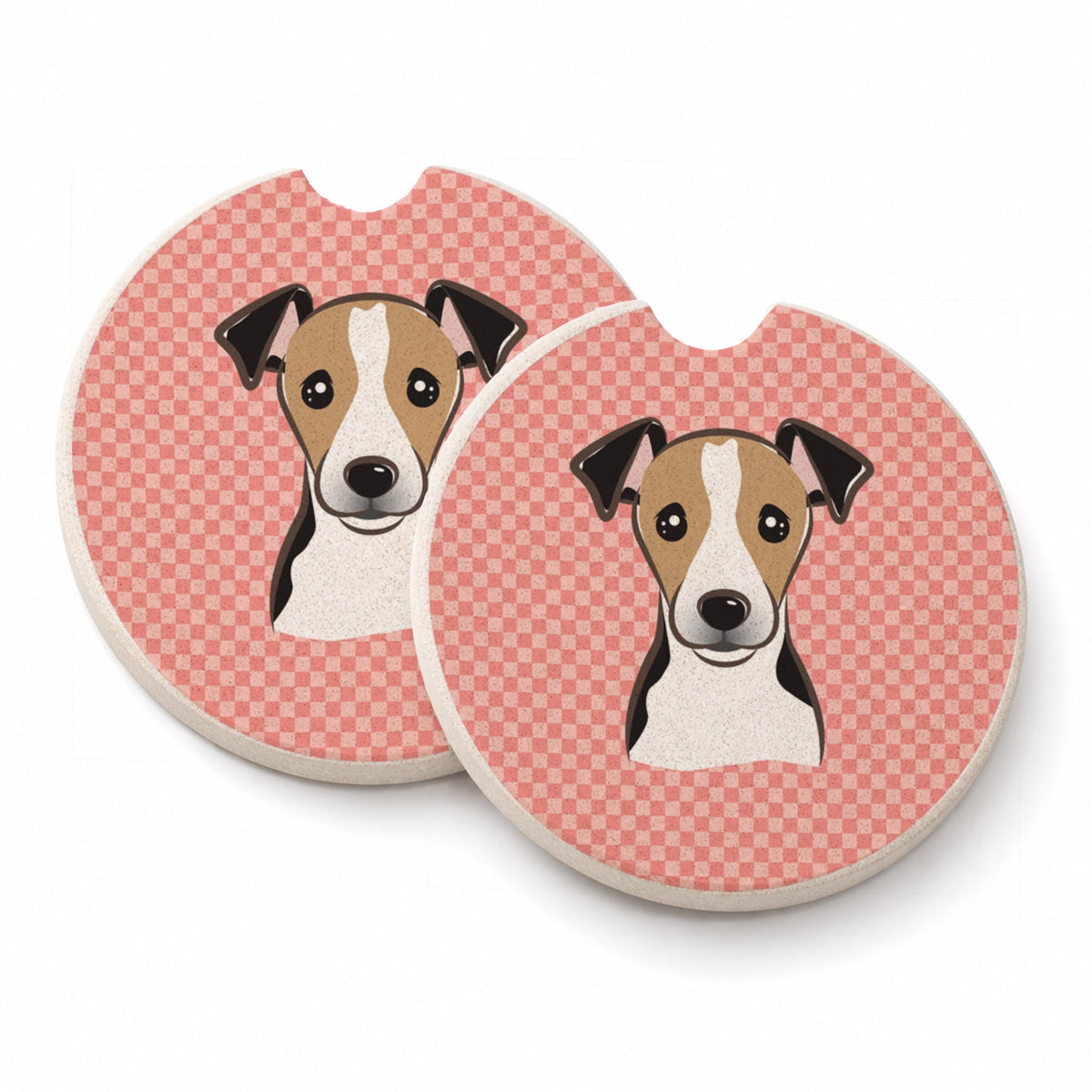 Checkerboard Pink Jack Russell Terrier Set of 2 Cup Holder Car Coasters Absorbent Round Sandstone Coasters Gifts for Men or Women, 2.5, Multicolor