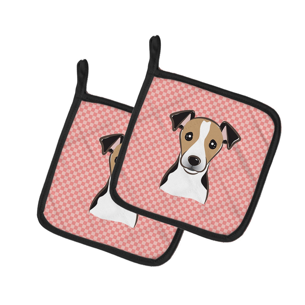 Checkerboard Pink Jack Russell Terrier Pot Holder Set of 2 Heat Resistant Quilted Hot Pads 7.5 x 7.5 Inch, Insulated Kitchen Trivets for Cooking & Baking