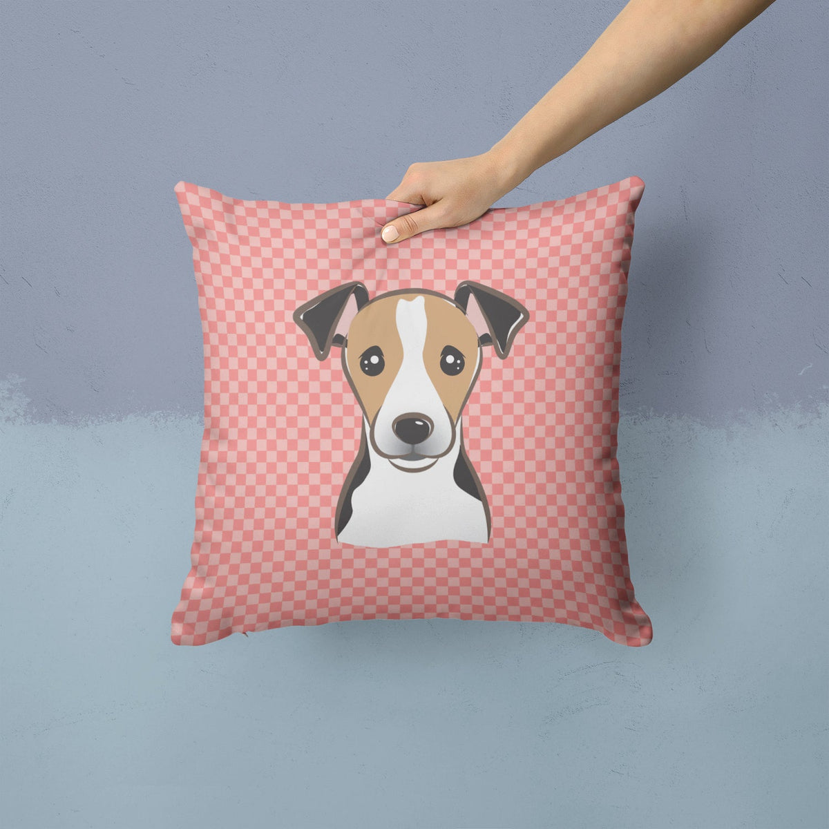 Checkerboard Pink Jack Russell Terrier Decorative Throw Pillow 14x14 Indoor Outdoor Accent Cushion, Fabric Cover with Insert for Sofa, Bed, Porch & Living Room