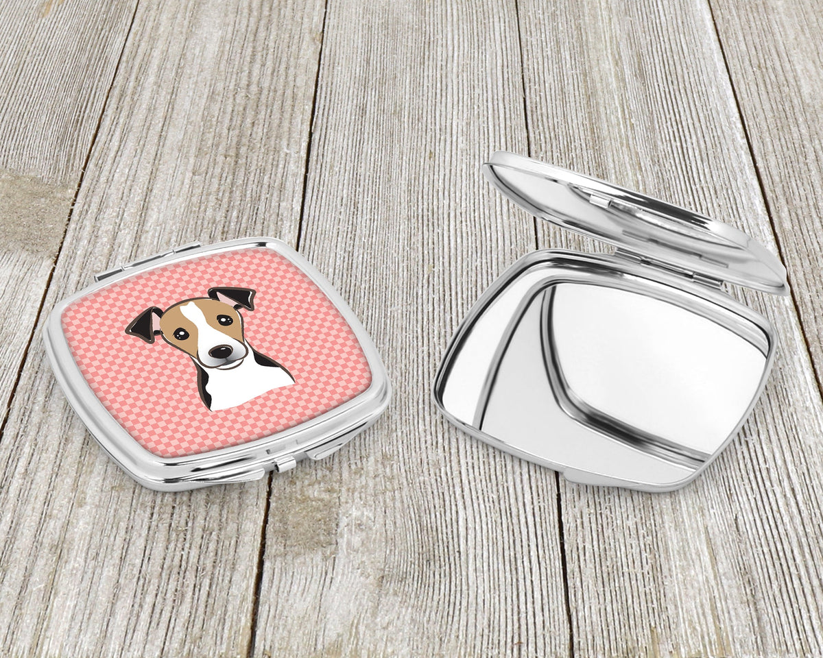 Checkerboard Pink Jack Russell Terrier Compact Mirror Decorative Travel Makeup Mirror for Women Girls Gifts Pocket Makeup Mirror Folding Handheld