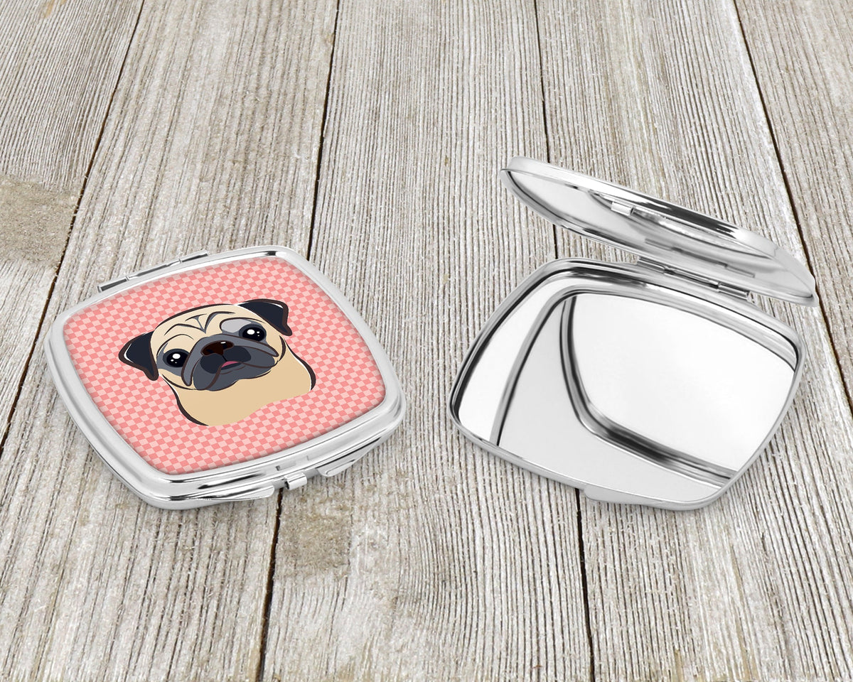 Checkerboard Pink Fawn Pug Compact Mirror Decorative Travel Makeup Mirror for Women Girls Gifts Pocket Makeup Mirror Folding Handheld