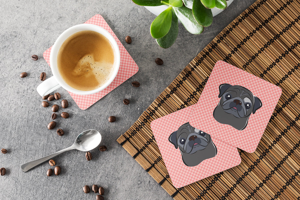 Checkerboard Pink Black Pug Foam Coasters Set of 4 Cup Coasters for Indoor Outdoor, Tabletop Protection, Anti Slip, Mouse pad Material