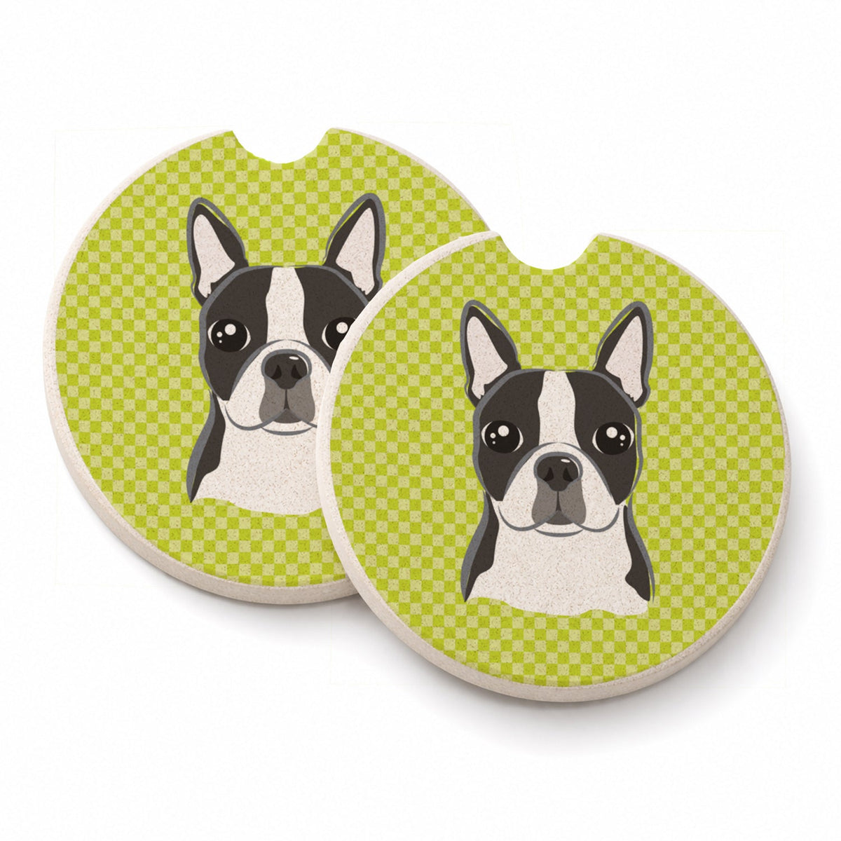 Checkerboard Lime Green Boston Terrier Set of 2 Cup Holder Car Coasters Absorbent Round Sandstone Coasters Gifts for Men or Women, 2.5, Multicolor