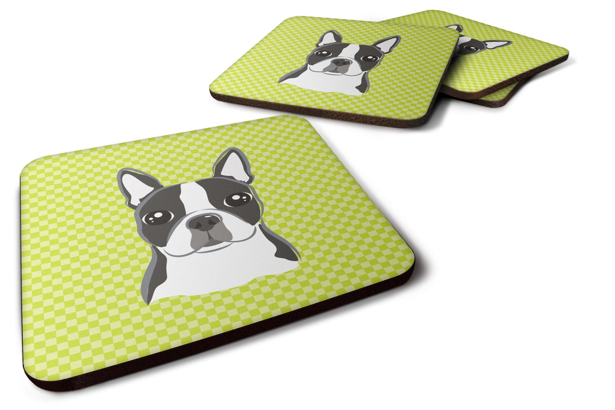 Checkerboard Lime Green Boston Terrier Foam Coasters Set of 4 Cup Coasters for Indoor Outdoor, Tabletop Protection, Anti Slip, Mouse pad Material