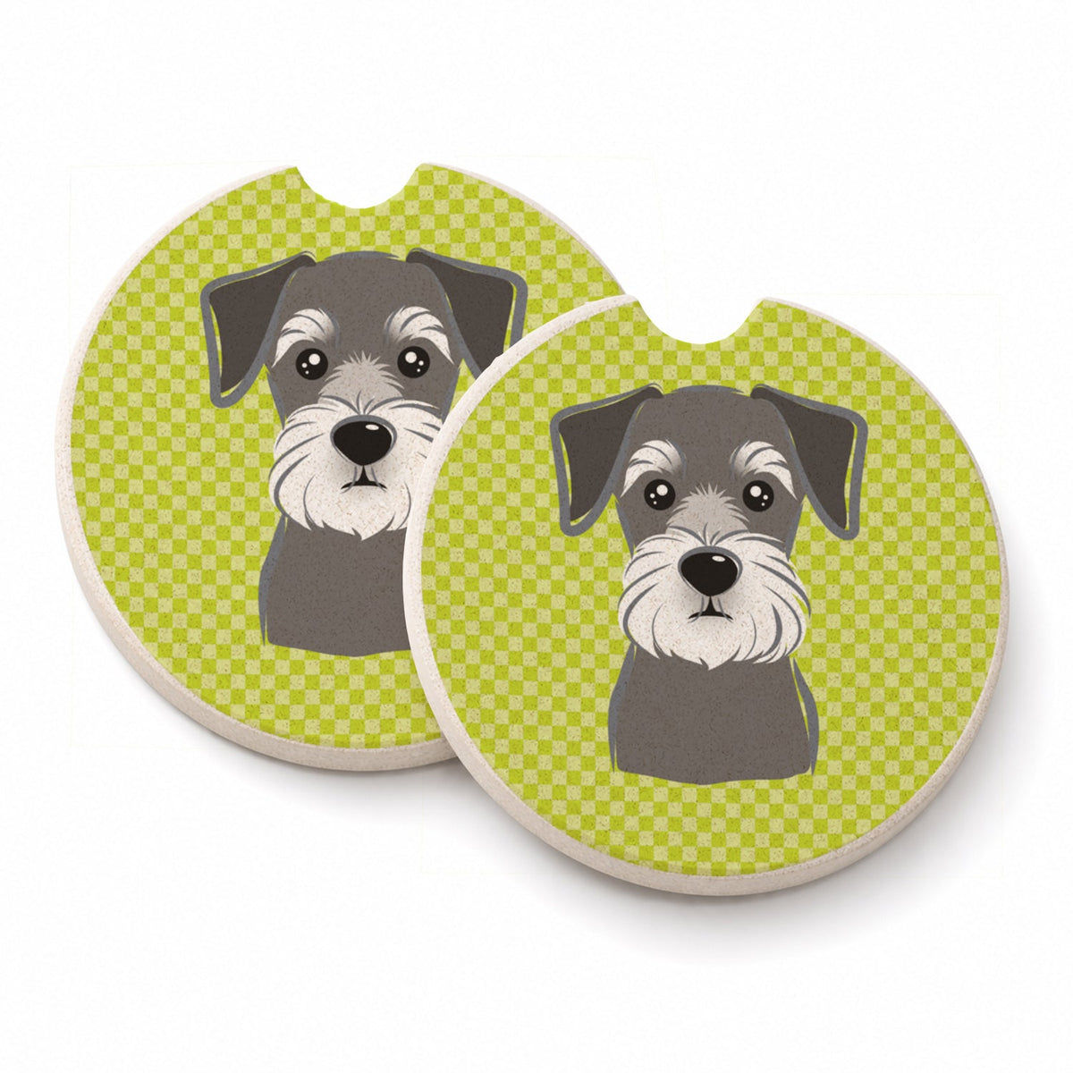 Checkerboard Lime Green Schnauzer Set of 2 Cup Holder Car Coasters Absorbent Round Sandstone Coasters Gifts for Men or Women, 2.5, Multicolor