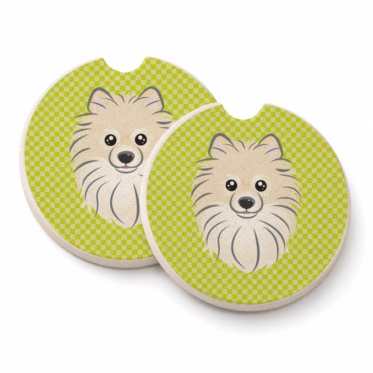 Checkerboard Lime Green Pomeranian Set of 2 Cup Holder Car Coasters Absorbent Round Sandstone Coasters Gifts for Men or Women, 2.5, Multicolor