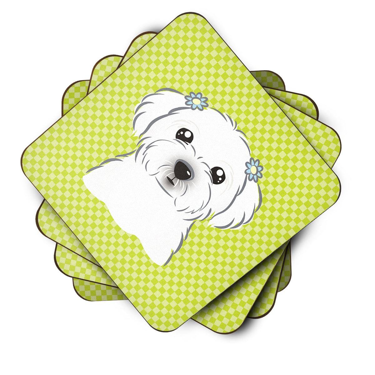 Checkerboard Lime Green Maltese Foam Coasters Set of 4 Cup Coasters for Indoor Outdoor, Tabletop Protection, Anti Slip, Mouse pad Material
