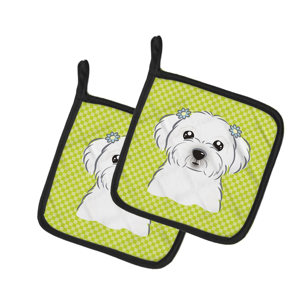 Checkerboard Lime Green Maltese Pot Holder Set of 2 Heat Resistant Quilted Hot Pads 7.5 x 7.5 Inch, Insulated Kitchen Trivets for Cooking & Baking