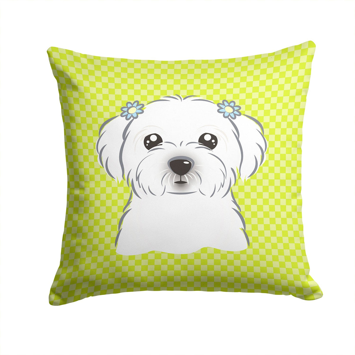 Checkerboard Lime Green Maltese Decorative Throw Pillow 14x14 Indoor Outdoor Accent Cushion, Fabric Cover with Insert for Sofa, Bed, Porch & Living Room