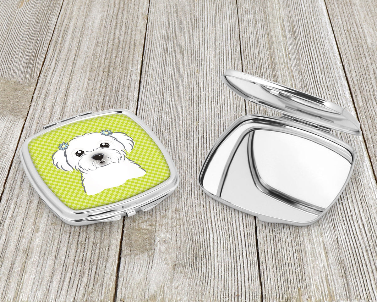 Checkerboard Lime Green Maltese Compact Mirror Decorative Travel Makeup Mirror for Women Girls Gifts Pocket Makeup Mirror Folding Handheld