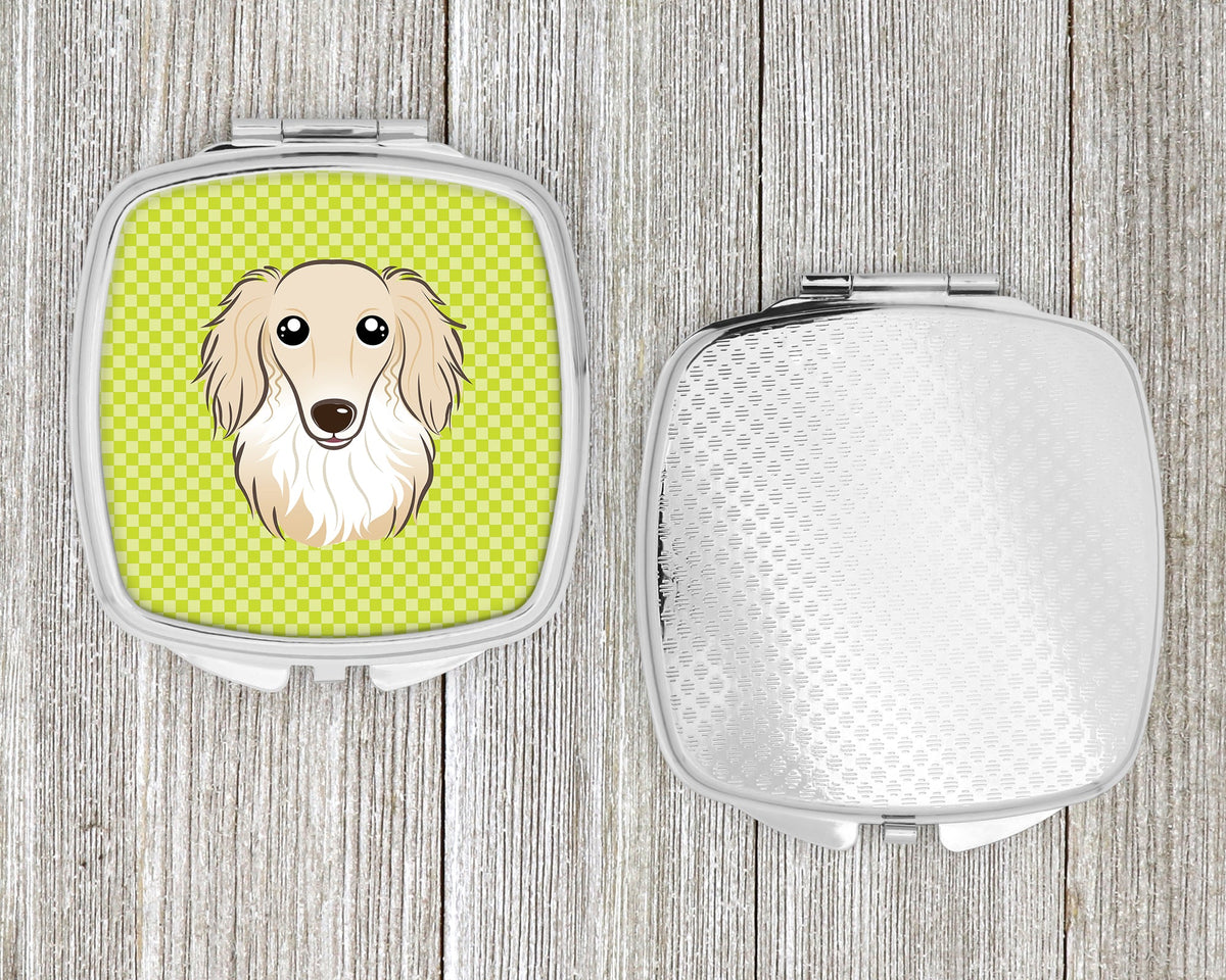 Checkerboard Lime Green Longhair Creme Dachshund Compact Mirror Decorative Travel Makeup Mirror for Women Girls Gifts Pocket Makeup Mirror Folding Handheld