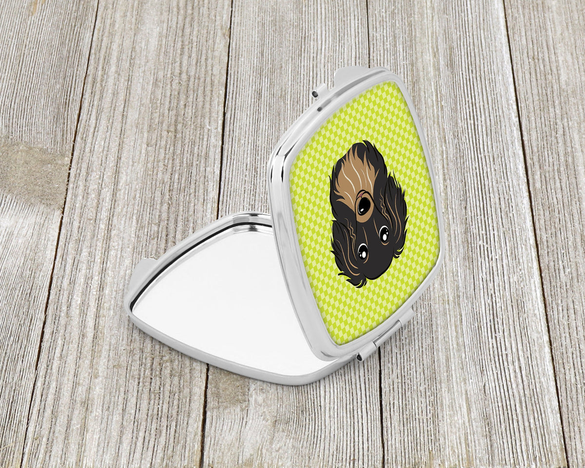 Checkerboard Lime Green Longhair Black and Tan Dachshund Compact Mirror Decorative Travel Makeup Mirror for Women Girls Gifts Pocket Makeup Mirror Folding Handheld