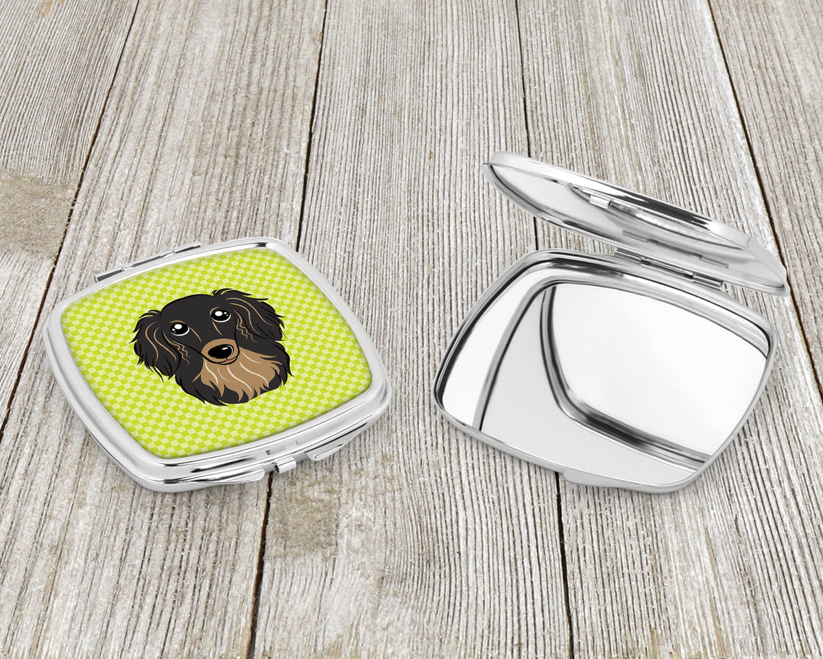 Checkerboard Lime Green Longhair Black and Tan Dachshund Compact Mirror Decorative Travel Makeup Mirror for Women Girls Gifts Pocket Makeup Mirror Folding Handheld