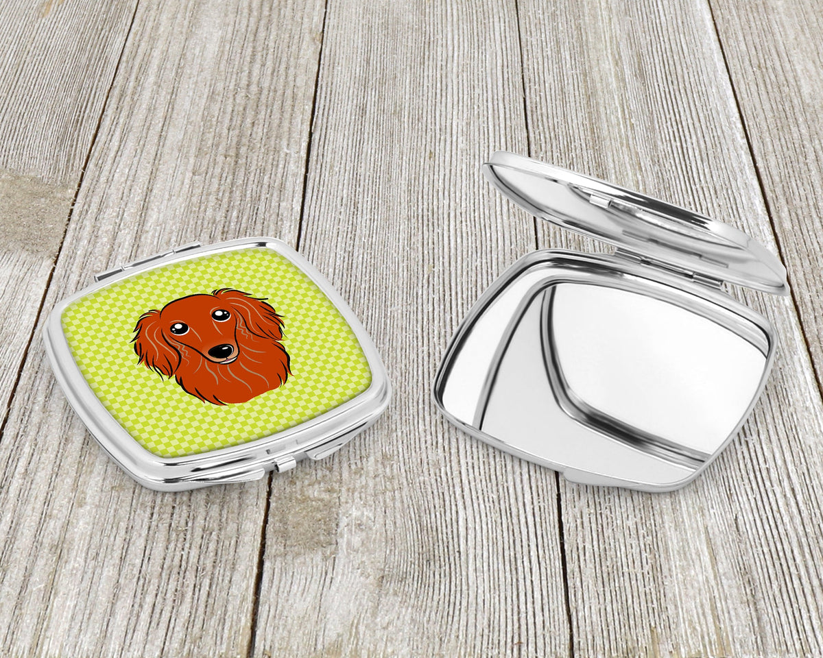 Checkerboard Lime Green Longhair Red Dachshund Compact Mirror Decorative Travel Makeup Mirror for Women Girls Gifts Pocket Makeup Mirror Folding Handheld