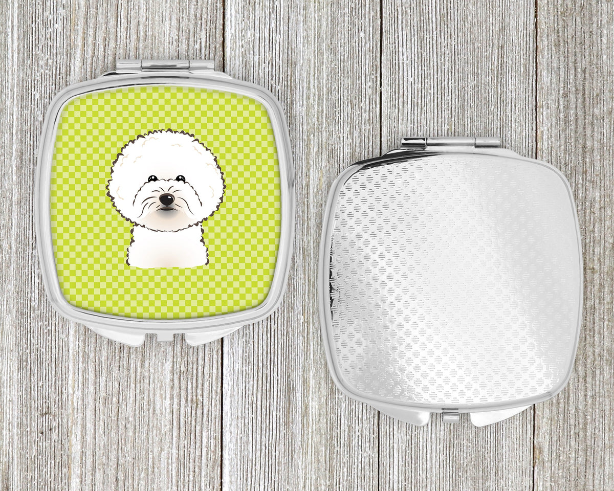 Checkerboard Lime Green Bichon Frise Compact Mirror Decorative Travel Makeup Mirror for Women Girls Gifts Pocket Makeup Mirror Folding Handheld