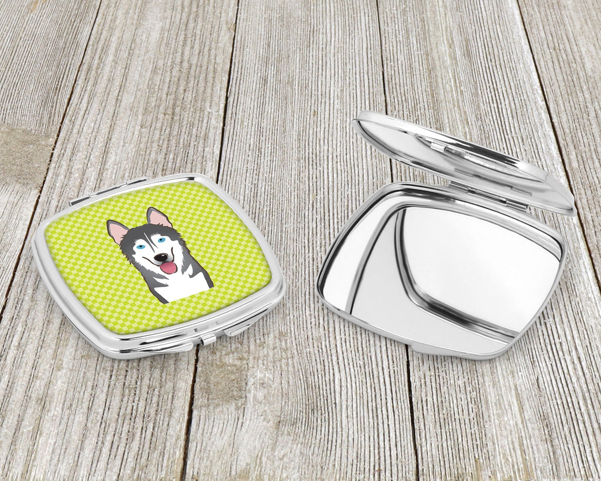 Checkerboard Lime Green Alaskan Malamute Compact Mirror Decorative Travel Makeup Mirror for Women Girls Gifts Pocket Makeup Mirror Folding Handheld