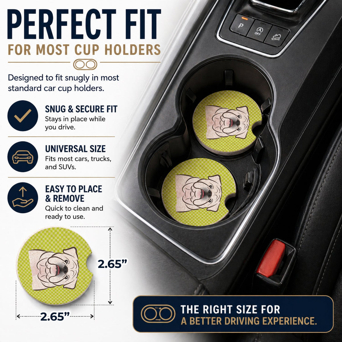 Checkerboard Lime Green White English Bulldog  Set of 2 Cup Holder Car Coasters Absorbent Round Sandstone Coasters Gifts for Men or Women, 2.5, Multicolor