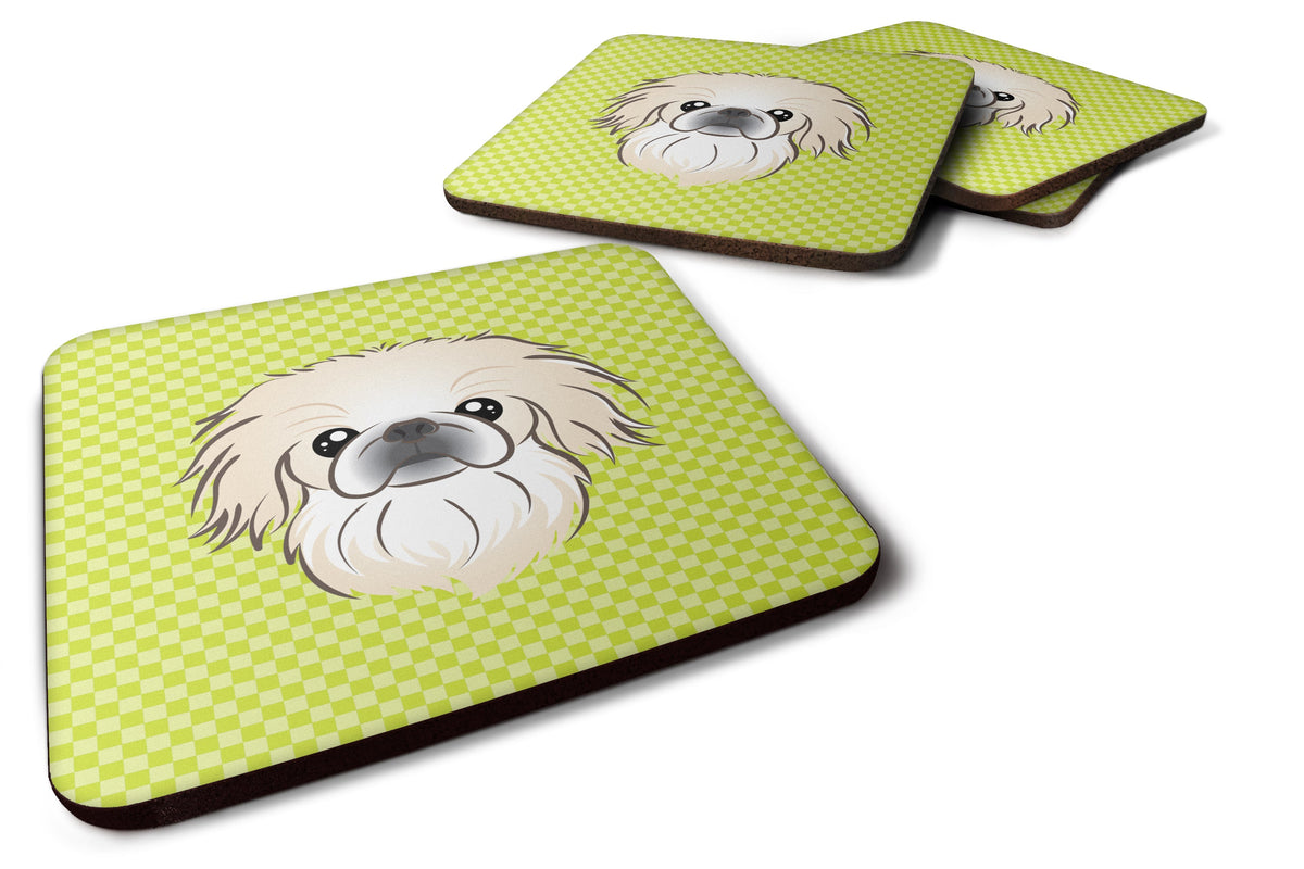 Checkerboard Lime Green Pekingese Foam Coasters Set of 4 Cup Coasters for Indoor Outdoor, Tabletop Protection, Anti Slip, Mouse pad Material