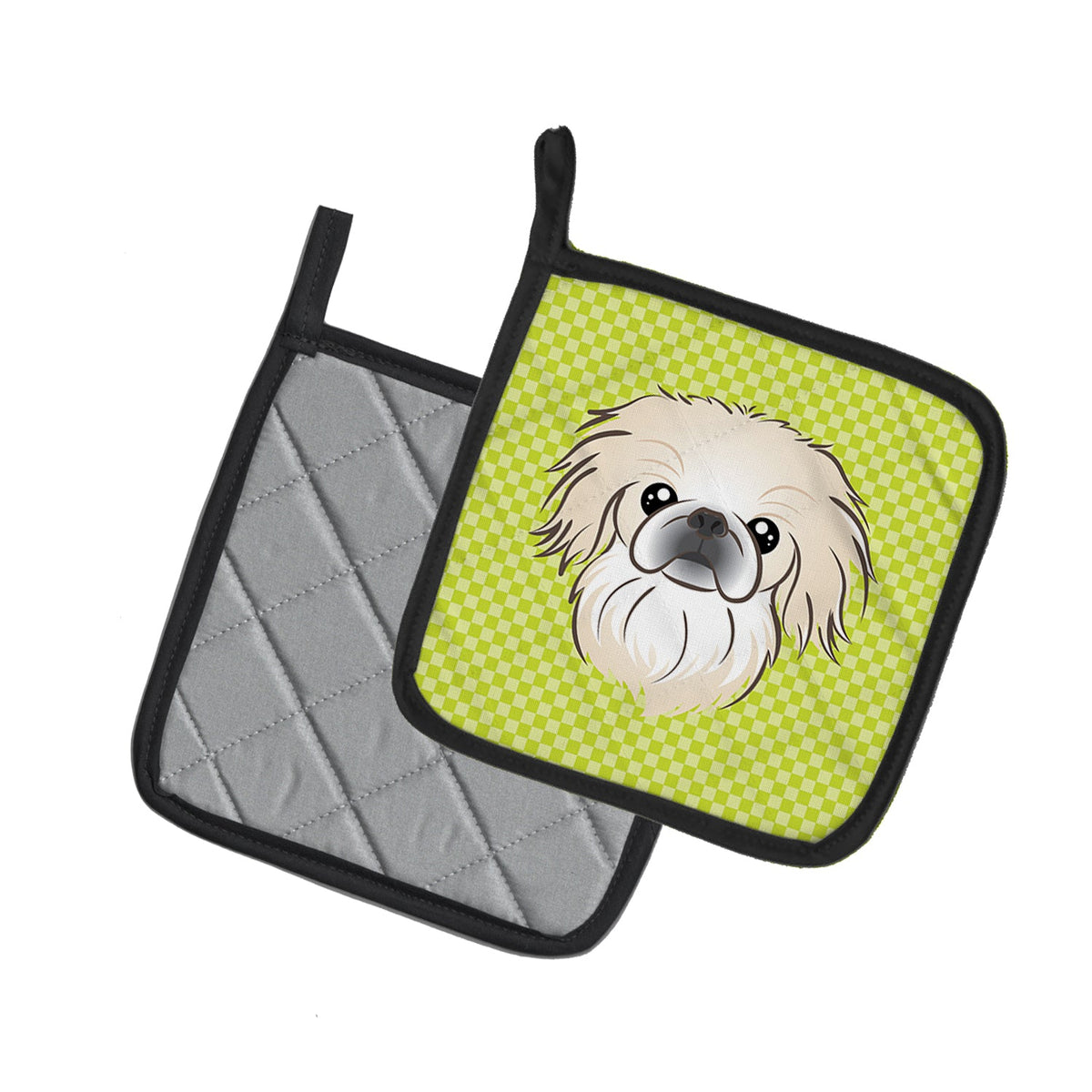 Checkerboard Lime Green Pekingese Pot Holder Set of 2 Heat Resistant Quilted Hot Pads 7.5 x 7.5 Inch, Insulated Kitchen Trivets for Cooking & Baking