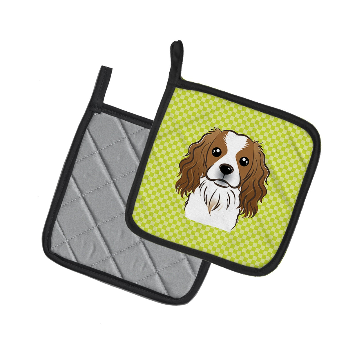 Checkerboard Lime Green Cavalier Spaniel Pot Holder Set of 2 Heat Resistant Quilted Hot Pads 7.5 x 7.5 Inch, Insulated Kitchen Trivets for Cooking & Baking